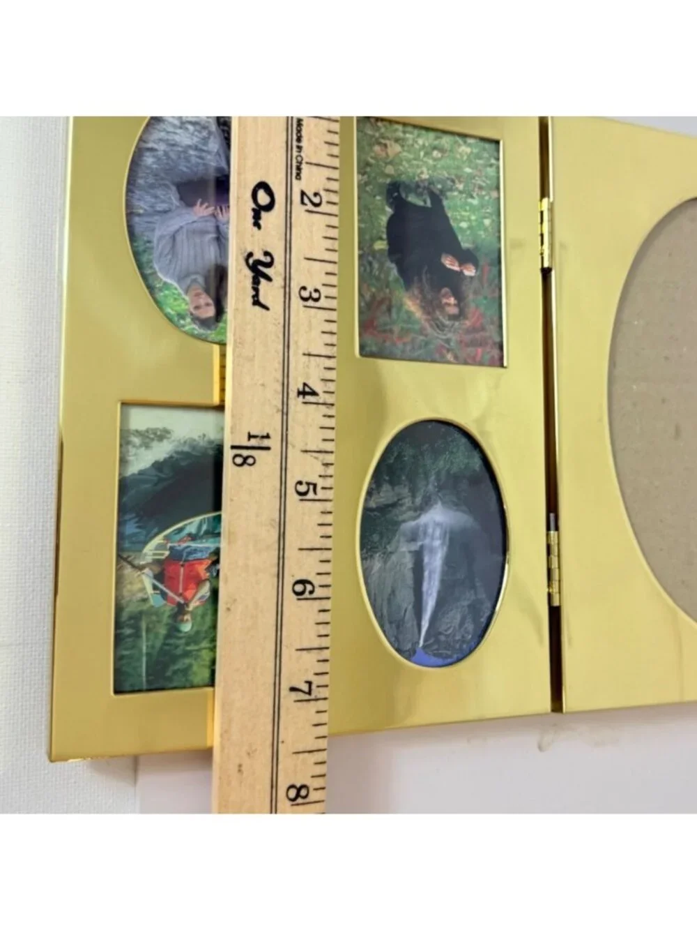 Vintage Tri Fold Picture Frame Gold Tone 80s Oval Folding Multi Photo Display